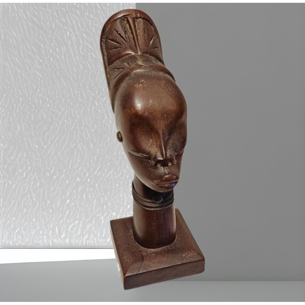 Vintage African Hand Carved Wood Bust Head Sculpture Wire Neck Detail 7.75"